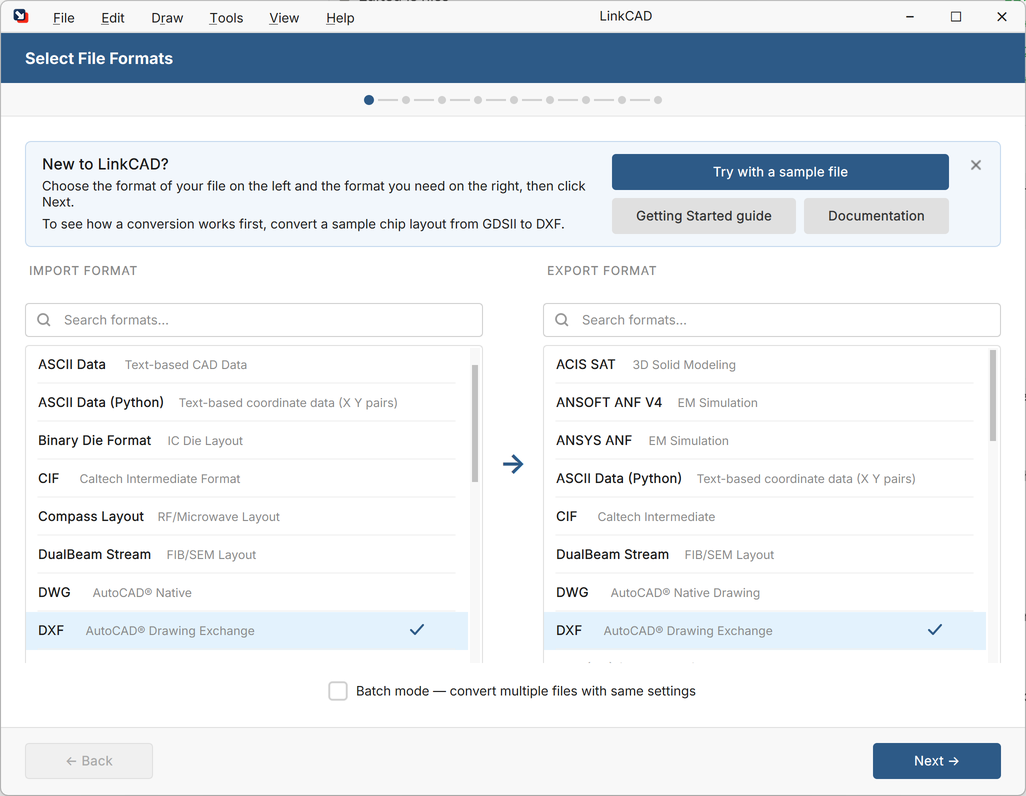 The New to LinkCAD? card above the import and export format lists