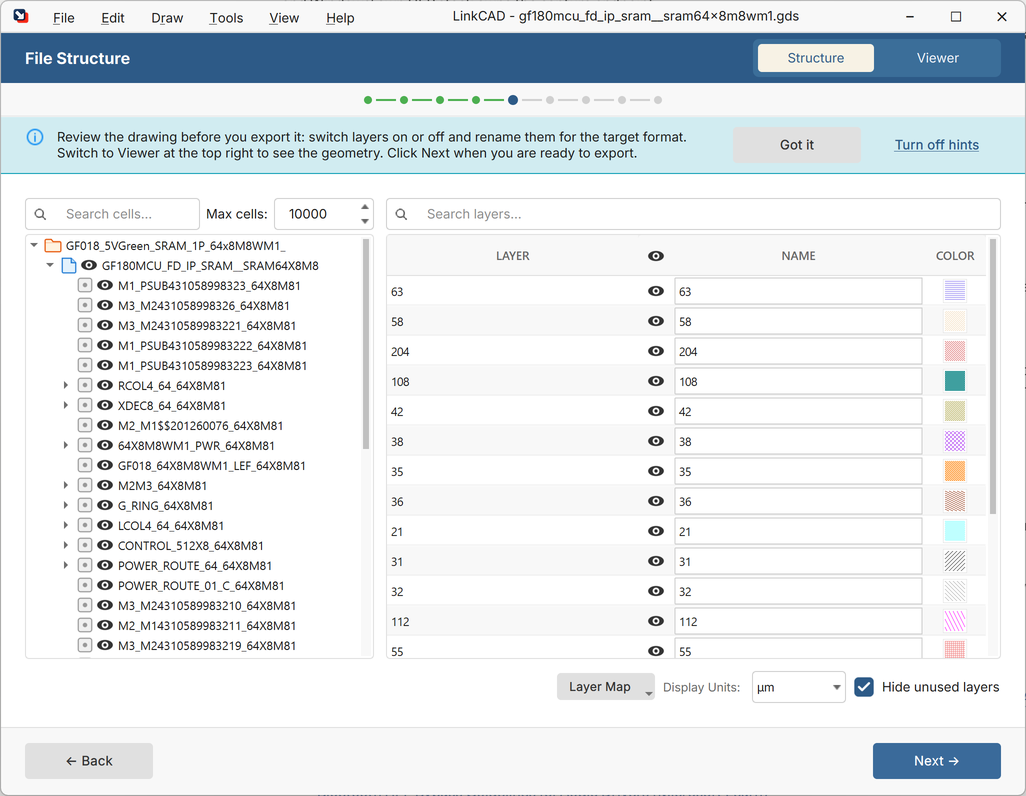 File Structure page listing the sample's cells on the left and its layers on the right