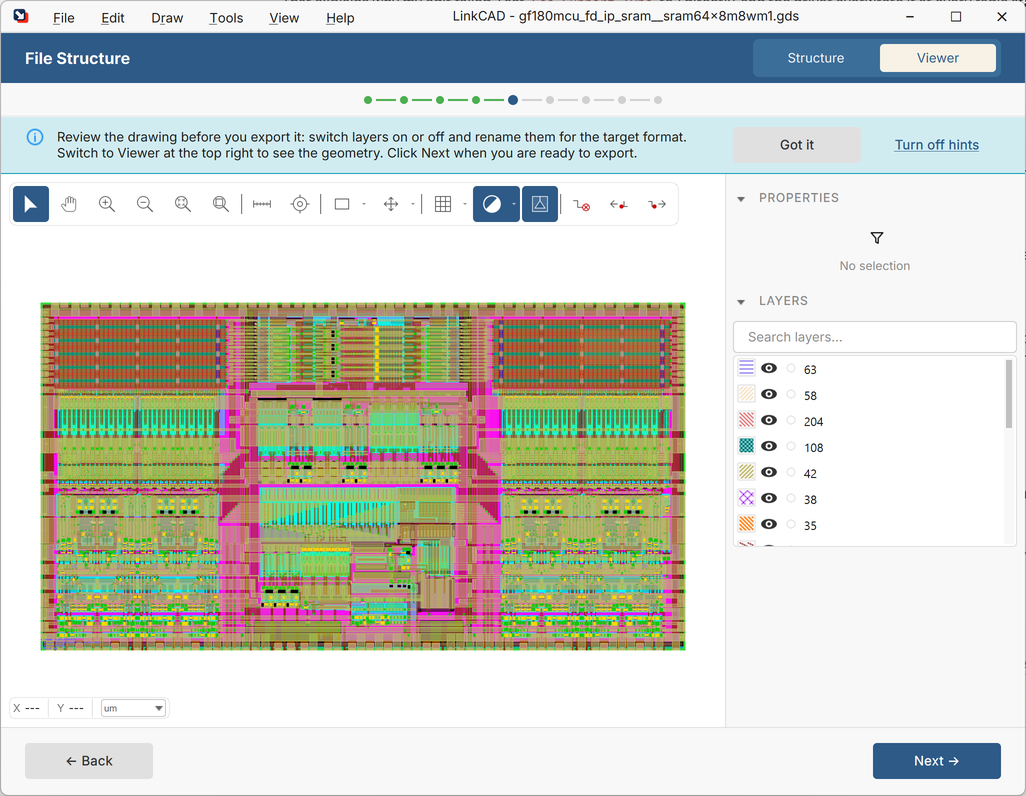 Viewer showing the SRAM macro: two memory arrays on the left and right, control logic in the middle