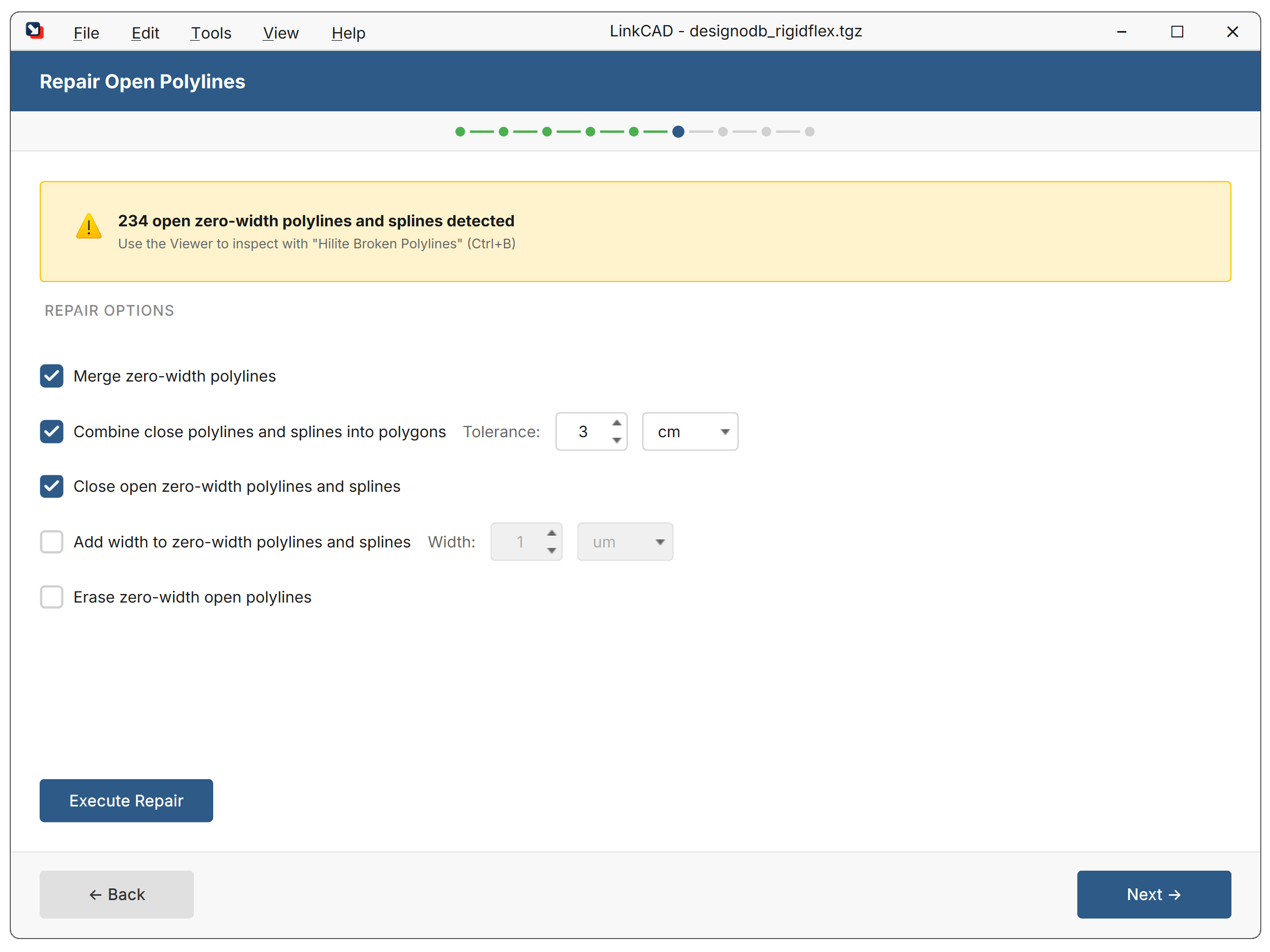 Repair Open Polylines dialog showing detected zero-width polylines and available repair options