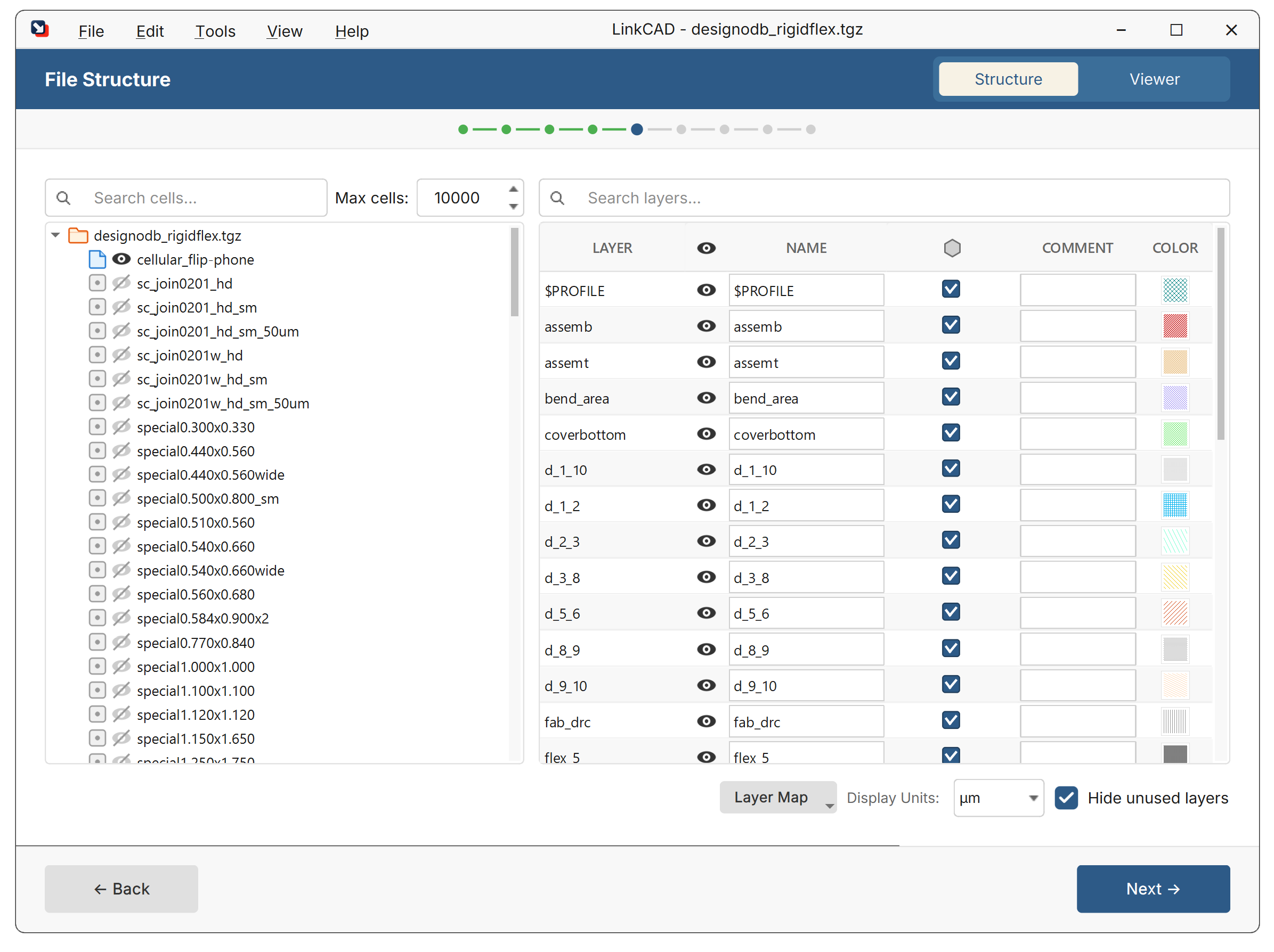 File Structure panel showing the cell tree (left) and layer list (right) on the left side of the LinkCAD window